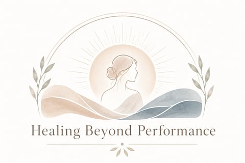 Logo for Healing Beyond Performance featuring a womans silhouette profile with a halo, flowing ribbons, and botanical elements