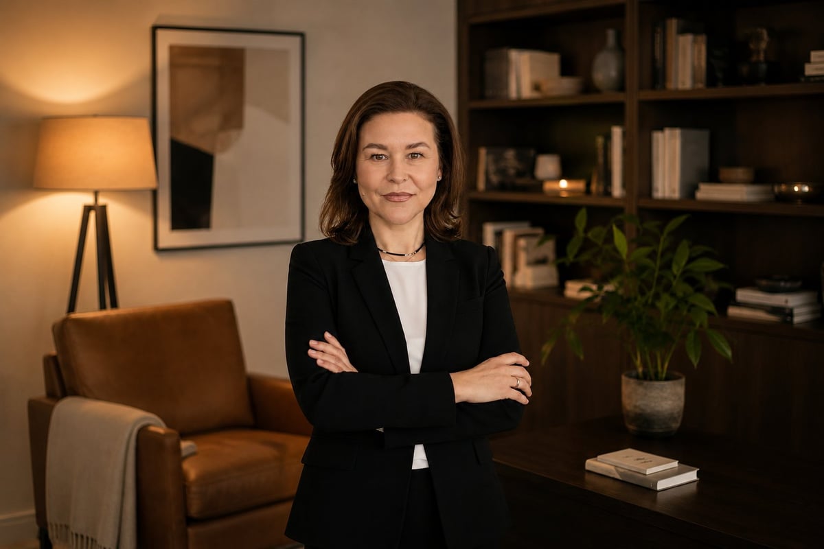 Professional woman in black blazer with arms crossed standing in modern office with leather chair and shelving behind her